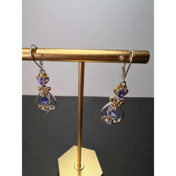 Tanzanite two toned sterling silver chandelier lever back earrings - Picture 5 of 9